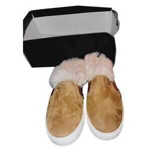 Ralph Lauren Jinny Whiskey Slip On Mules Kid Suede Faux Fur Woman's Size 6.5 NEW
